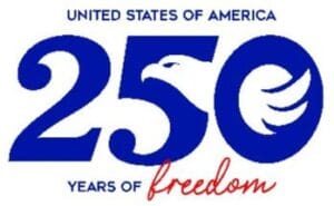 Badge that reads "United States of America, 250 years of freedom. There is an eagle flying in from the 5 and 0 numbers, and the word freedom is on red script, the rest is blue plain font.